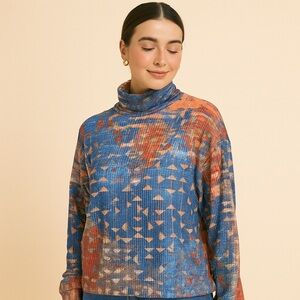 Abstract Patterned Waffle Knit Turtleneck Sweater M